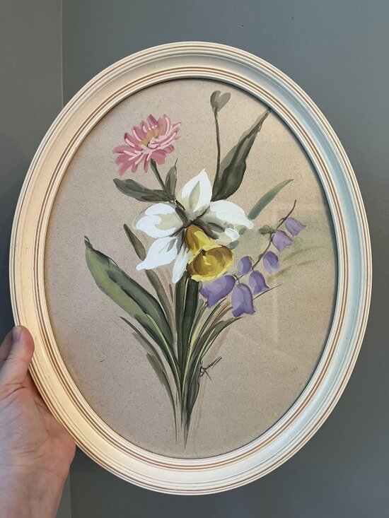 Other - Vintage Oval Daffodil Blue Bell Floral Painting In Cream Frame Signed Original A